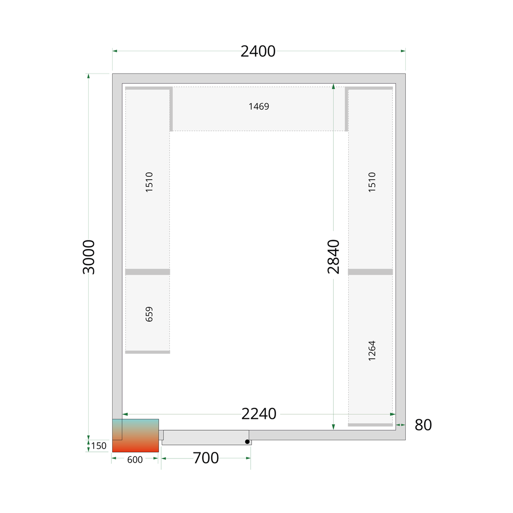 Panneaux de chambre froide 80 mm - sans plancher CR 240x300x212 NF